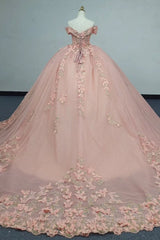 Pink Quinceanera Ball Gown Off-Shoulder 3D Butterflies Applique Tulle Dress for Sweet 16 & Evening Galas
