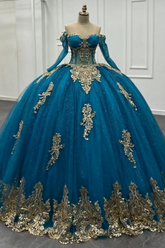 Lake Blue Ball Gown Off-Shoulder Long Sleeves with 3D Gold Beaded Appliques for Quinceanera & Sweet 16