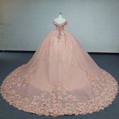 Pink Quinceanera Ball Gown Off-Shoulder 3D Butterflies Applique Tulle Dress for Sweet 16 & Evening Galas