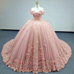 Pink Quinceanera Ball Gown Off-Shoulder 3D Butterflies Applique Tulle Dress for Sweet 16 & Evening Galas