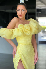 Newinlook Daffodil Off-The-Shoulder Split Mermaid Evening Dress Sequins