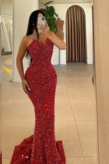 Newinlook Red Beaded Sequins Mermaid Evening Dress