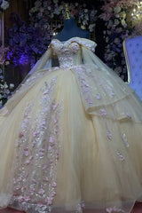 Champagne Ball Gown Off-Shoulder Sleeveless Tulle Dress with Beaded 3D Floral Appliques for Quinceanera Sweet 16 & Evening Galas