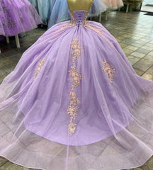 Lilac Tulle Quinceanera Dress Strapless Ball Gown with Lace Appliques & Sweep Train for Sweet 16