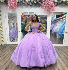Lilac Ball Gown Sweetheart Neckline Strapless Lace Applique Tulle Quinceanera Dress for Princess Birthday Party or Sweet 16