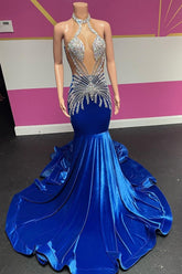 Designer Long Royal Blue Halter Velvet Mermaid Silver Beaded Prom Party Dresses