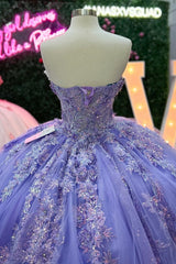 Lilac Sequined Ball Gown Strapless Tulle Quinceanera Dress with Floral Appliques for Sweet 16 & Formal Events