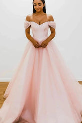 Newinlook Blushing Pink V-Neck Strapless Off-The-Shoulder Evening Dress With Tulle
