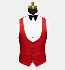 Newinlook Red Floral Tuxedo - Black Lapel Three Pieces for Groom Prince Suit