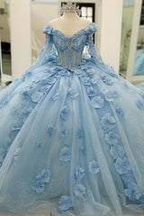 V-Neck Ball Gown with Detachable Long Sleeves Sparkling Baby Blue Tulle Quinceanera Dress with 3D Floral Appliques for Sweet 16 Birthday & Formal Events