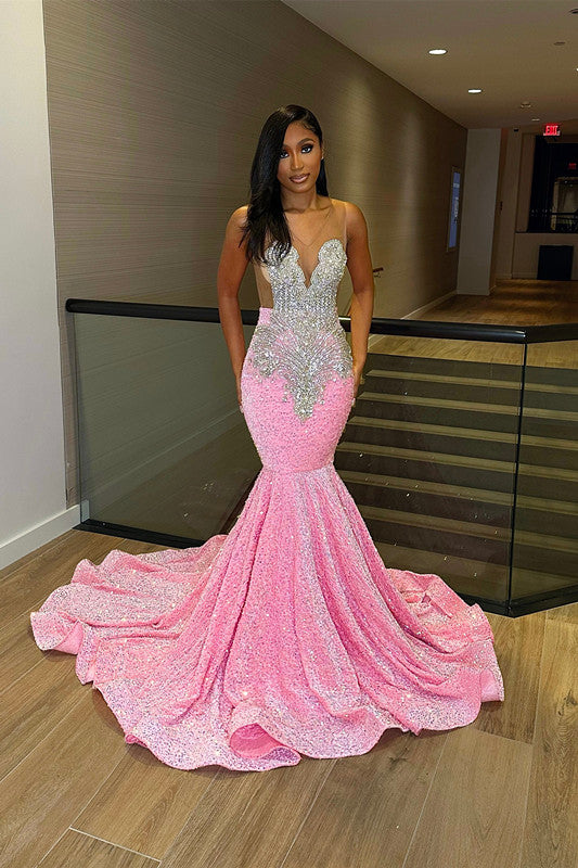 Newinlook Sexy Transparent Straps Pink Mermaid Sequins Beads Evening Dress With Flared Hemline
