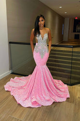 Newinlook Sexy Transparent Straps Pink Mermaid Sequins Beads Evening Dress With Flared Hemline