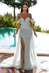 Newinlook Off-The-Shoulder Gorgeous Sweetheart Mermaid Beadings Evening Dress Sequins With Slit Tulle