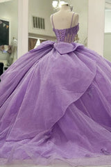 Purple Tulle Quinceanera Dress Strapless Ball Gown with 3D Beaded Flowers & Pleated Bow Details for Sweet 16 Evening and Formal Events