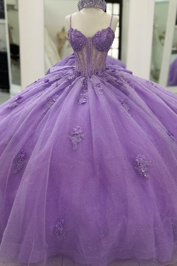 Purple Tulle Quinceanera Dress Strapless Ball Gown with 3D Beaded Flowers & Pleated Bow Details for Sweet 16 Evening and Formal Events