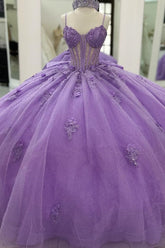 Purple Tulle Quinceanera Dress Strapless Ball Gown with 3D Beaded Flowers & Pleated Bow Details for Sweet 16 Evening and Formal Events