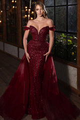 Newinlook Off-The-Shoulder V-Neck Mermaid Sequins Evening Dress With Elegant Tulle Beadings