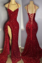 Glamorous Halter Burgundy High Split Floor Length Prom Party Dresses