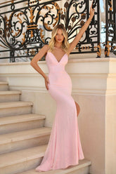 Hot Sale Pink Spaghetti Strap Formal Dress Sleeveless Sequins Long Mermaid
