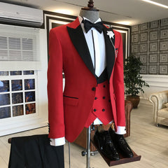 Newinlook Popular Red Three-Piece Wedding Suit with Black Peaked Lapel for