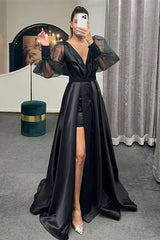 Newinlook A-Line Long Slit Puff Sleeves Evening Dress