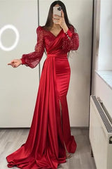 Newinlook Miable Mermaid Sequins V-Neck Long Sleeves Split Evening Dress With Ruffle