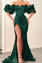 Newinlook Fuchsia Strapless Mermaid Off-The-Shoulder Puff Sleeves Evening Dress With Split