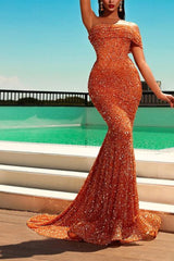 One Shoulder Orange Strapless Sleeveless Mermaid Long Formal Dress With Sequins