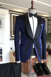 Newinlook Luciano Sparkling Navy Blue Shawl Lapel Wedding Suit with Black Lapel