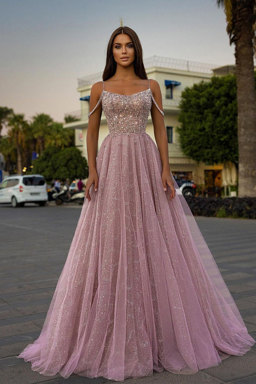 Tulle Spaghetti Strap Sleeveless A Line Long Formal Dress With Sequins Beads