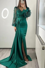 Newinlook Miable Mermaid Sequins V-Neck Long Sleeves Split Evening Dress With Ruffle