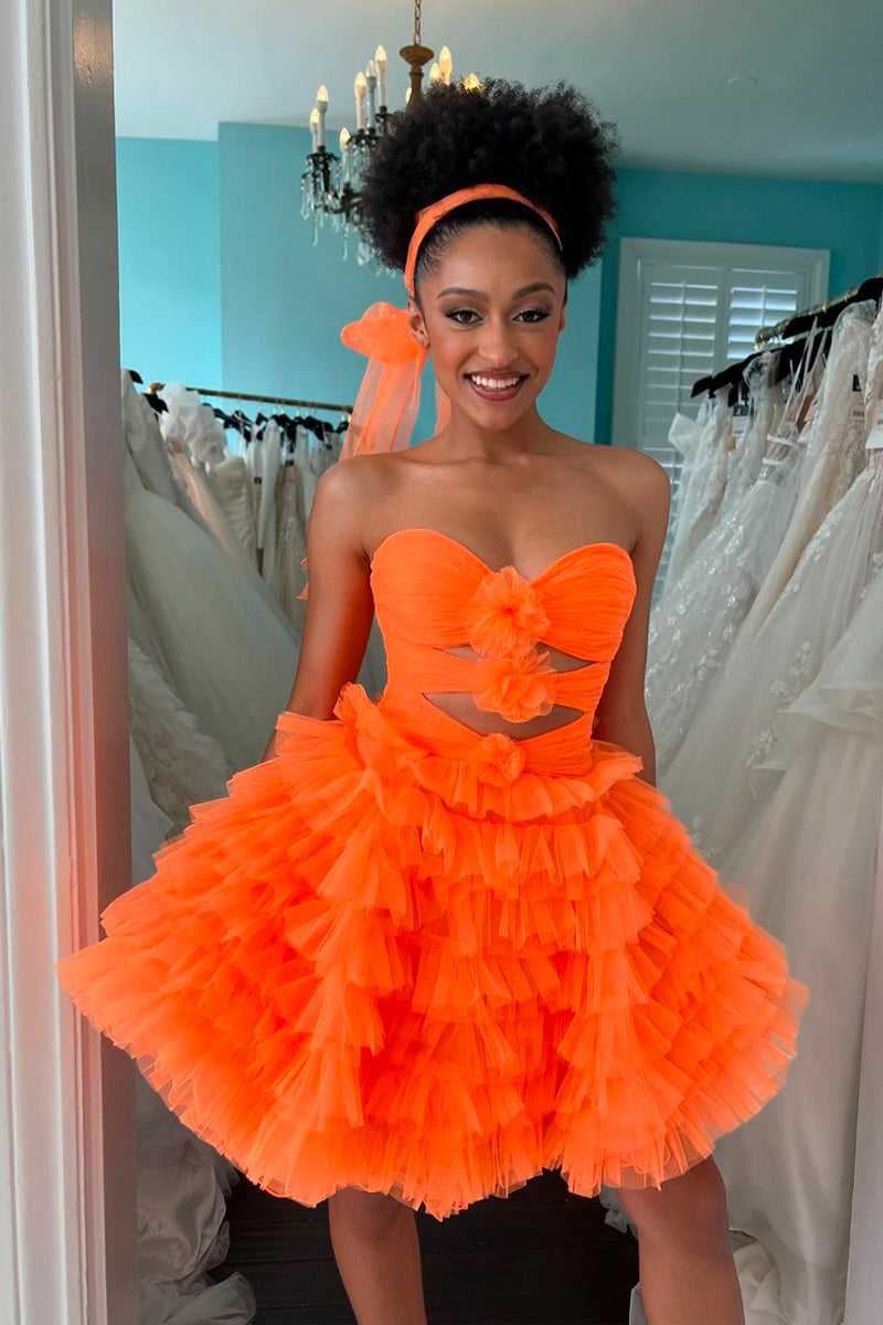 Orange Strapless Ruffled Tiered Tulle Short Homecoming Dress Newinlook Orange Strapless Ruffled Tiered Tulle Short Homecoming Dress Newinlook