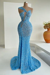 Beautiful Ocean Blue Sequins One-Shoulder Mermaid Long Prom Dresses With Split