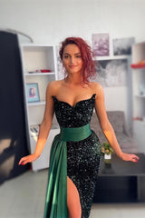 Newinlook Sexy Sweetheart Slit Dark Green Mermaid Evening Dress With Fabulous Sequins Ruffles