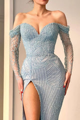 Newinlook Blue Long Sleeves Off-The-Shoulder Sequins Evening Dress Sweetheart With Split Mermaid