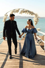 Newinlook Off-The-Shoulder Dusty Blue Puff Sleeves Evening Dress With Front Split Sweetheart