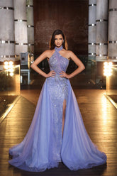 Purple Halter Mermaid Formal Dress Tulle Ruffles With Split Appliques