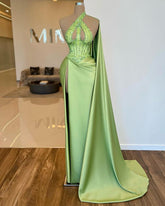 Newinlook Elegant Sleeveless Apple Green Sequins Beads Split Evening Dress With Long Ruffle