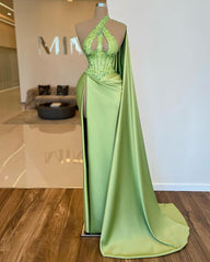 Newinlook Elegant Sleeveless Apple Green Sequins Beads Split Evening Dress With Long Ruffle