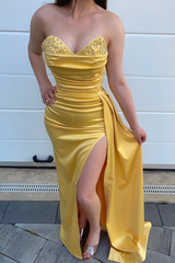 Newinlook Yellow Beads Mermaid Sweetheart Evening Dress Split With Ruffles