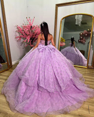 Strapless Lilac Tulle Quinceanera Dress Tiered Ball Gown with Bow Detail for Sweet 16 & Princess Evening Parties
