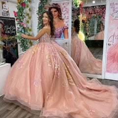 Pink Tulle Princess Quinceanera Dress Sweetheart Neckline with Glitter Appliques & Beaded Detail for Sweet 16 or Birthday Party