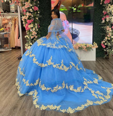 Sky Blue Ball Gown V-Neck Beaded Sequins Floral Appliques & Tiered Tulle Quinceanera Dress for Sweet 16 Cocktail & Evening Parties