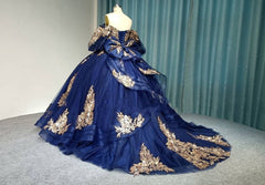 Exquisite Navy Blue Ball Gown Off-Shoulder Lace Applique Quinceanera Dress with Tiered Tulle Skirt for Sweet 16 & Evening Galas