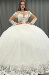 White Tulle Ball Gown Scoop Neck Lace Appliques & Pleated Skirt for Quinceanera Sweet 16 and Formal Evenings