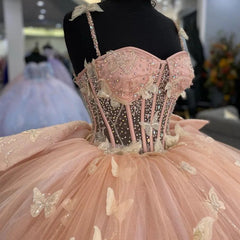 Strapless Pink Tulle Ball Gown with 3D Butterflies & Bow Knot Quinceanera & Sweet 16 Princess Dress