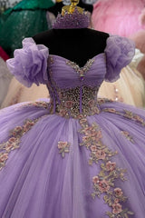 Lavender Glitter Tulle Quinceanera Dress Off-Shoulder Sleeveless Ball Gown with Beaded Flower Appliques for Sweet 16 & Birthday Parties