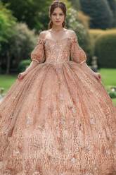 Rose Gold Ball Gown Off-Shoulder 3D Butterfly & Glitter Tulle Quinceanera Dress for Sweet 16 & Birthday Parties