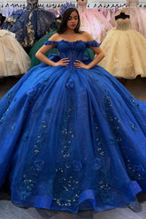 Royal Blue Off-Shoulder Ball Gown Sparkling 3D Flower Appliques & Bow Detail Quinceanera Dress for Sweet 16 Evening & Formal Events