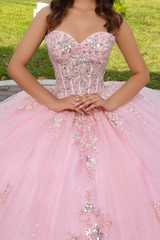 Ball Gown Off-Shoulder Sleeveless Beaded Sequins Pink Tulle Quinceanera Dress for Sweet 16 & Birthday Parties